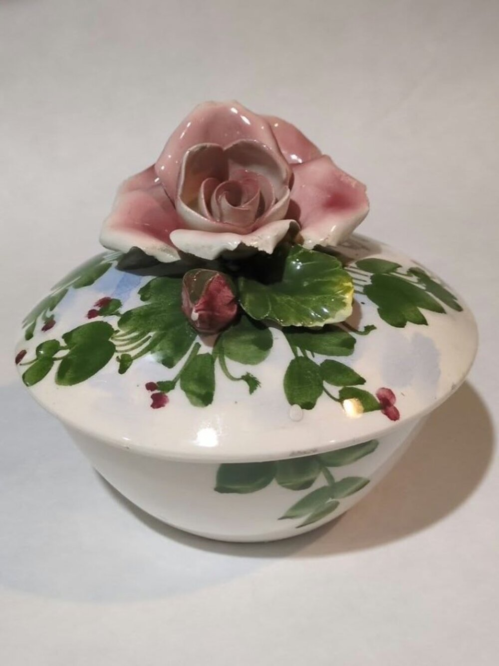 Vintage Italian Majolica Trinket Dish Hand Painted Rose Lidded Bowl Italy As Is
